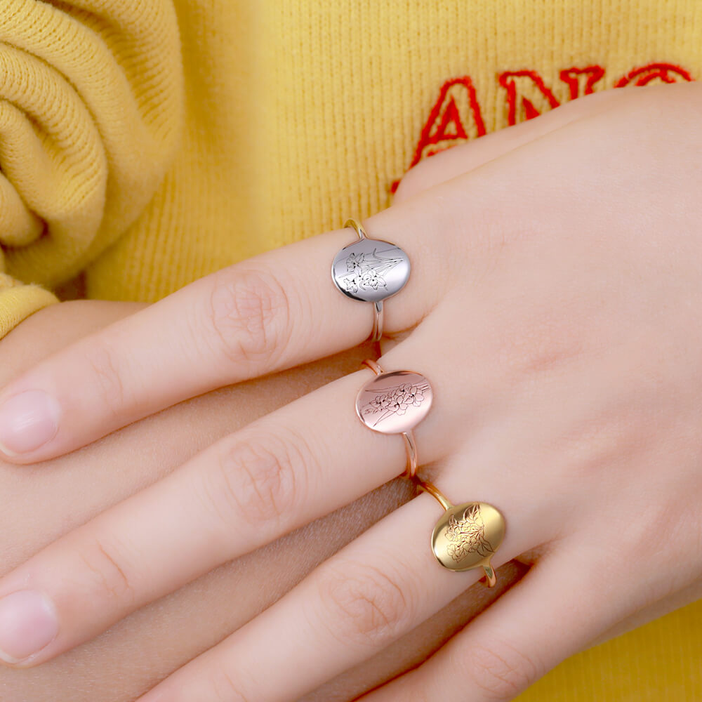 Personalisierbarer Geburts-Blumen-Ring mit Gravur