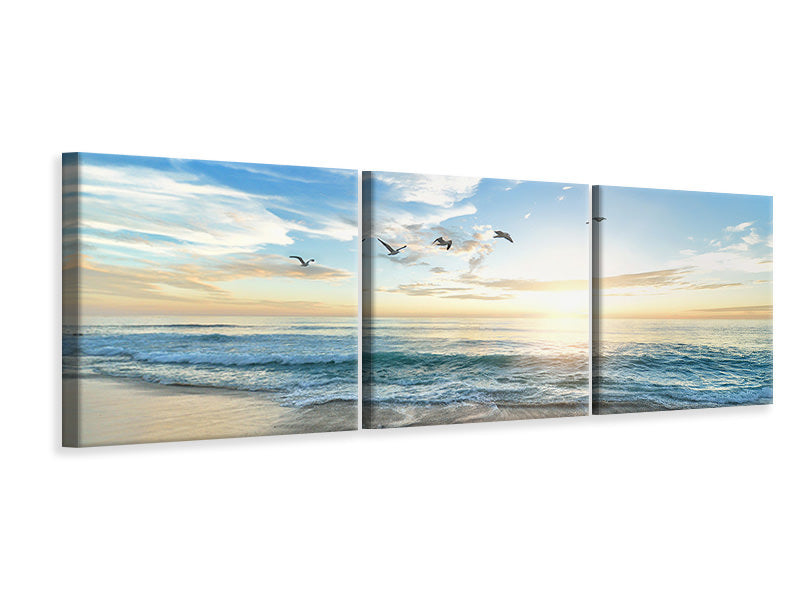 Panorama Leinwandbild 3-teilig Die Möwen und das Meer bei Sonnenaufgang