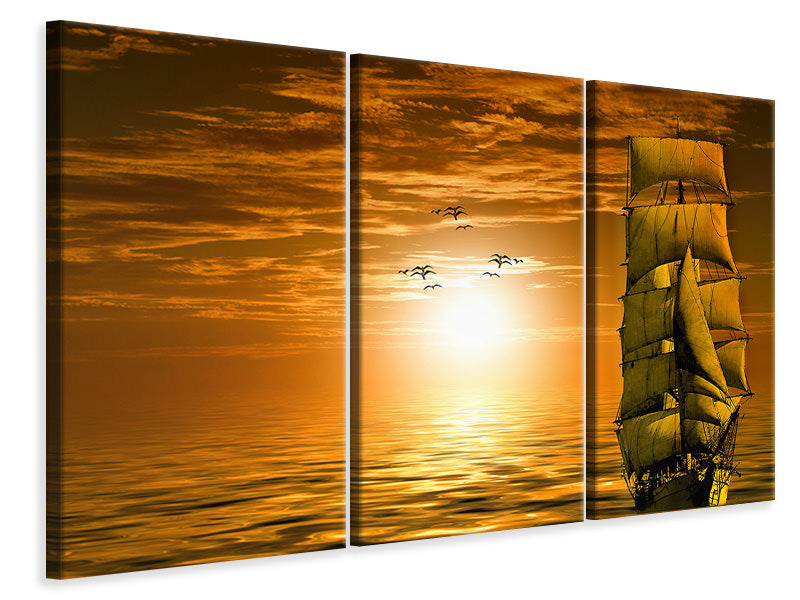 Leinwandbild 3-teilig Segelschiff im Sonnenuntergang