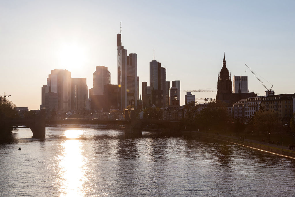 Fototapete Skyline Sonnenaufgang bei Frankfurt am Main