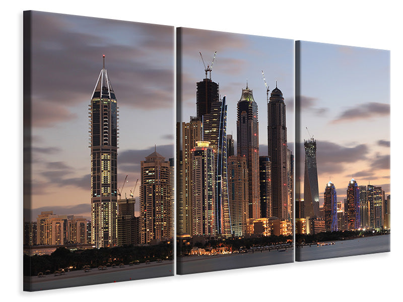 Leinwandbild 3-teilig Skyline Dubai bei Sonnenuntergang