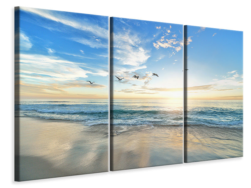 Leinwandbild 3-teilig Die Möwen und das Meer bei Sonnenaufgang