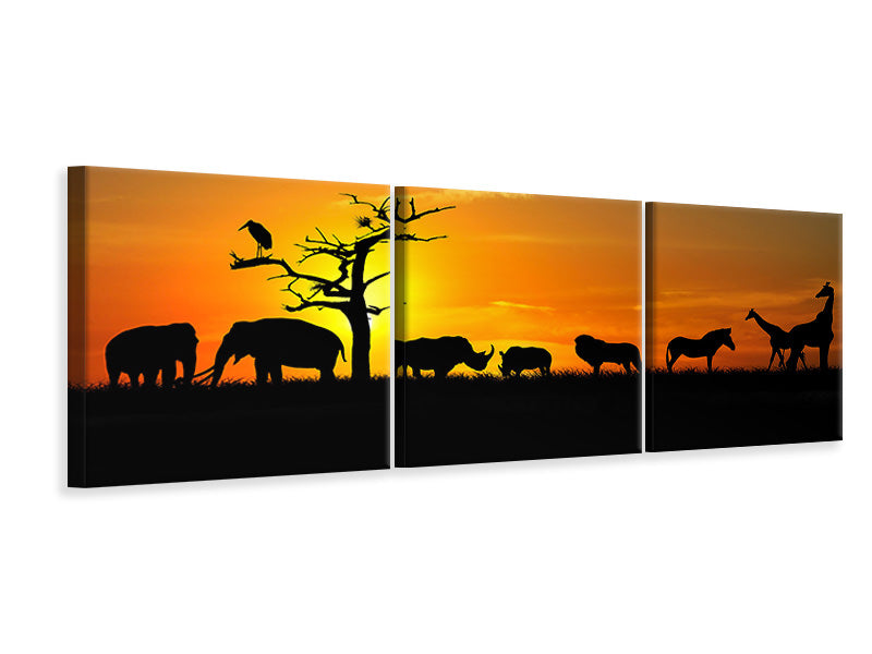 Panorama Leinwandbild 3-teilig Safarietiere bei Sonnenuntergang