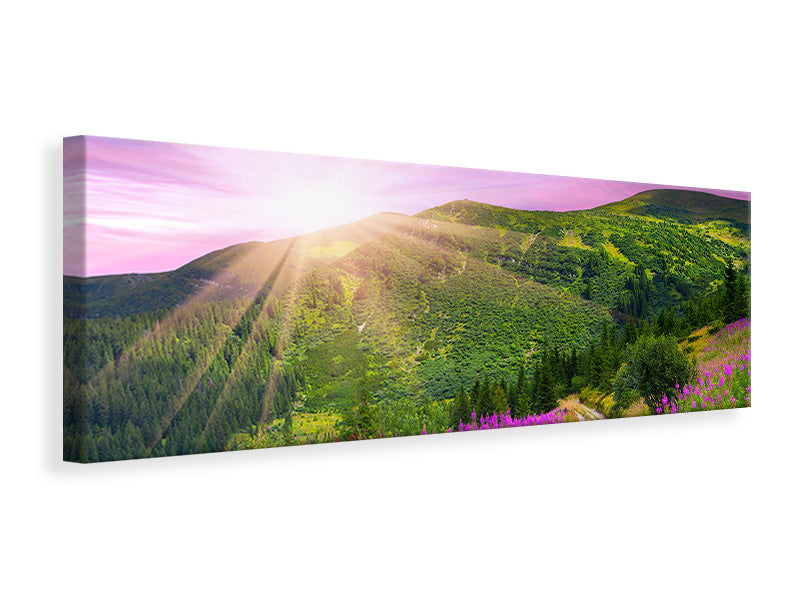 Leinwandbild Panorama Eine Sommerlandschaft bei Sonnenaufgang