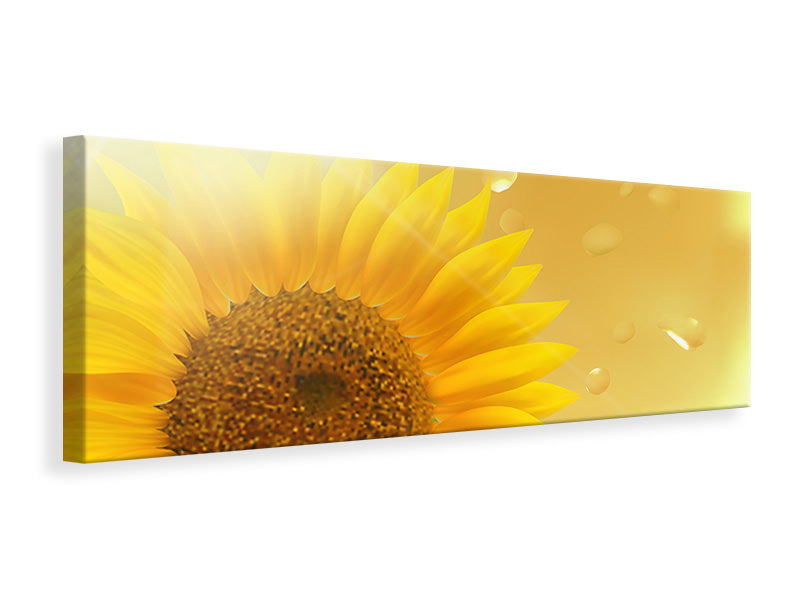 Leinwandbild Panorama Sonnenblume im Morgentau